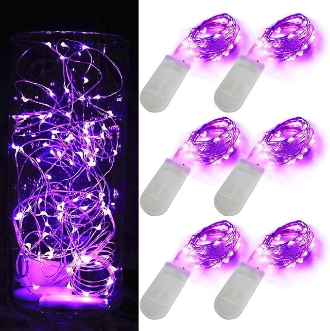 OakHaomie 6 Pack Fairy Lights Battery Operated No Remote LED Starry String Lights 30 Micro Starry LEDs on 10ft Copper Wire Light for DIY Wedding Centerpiece Table Decorations (Purple)