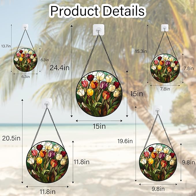 Stained Glass Window Hanging Colorful Tulip Large 11.8" - Flower Suncatcher Door Garden Sun Catcher Home Plant Decor Birthday Mother's Day for Mom Woman Friend Nana Colleague