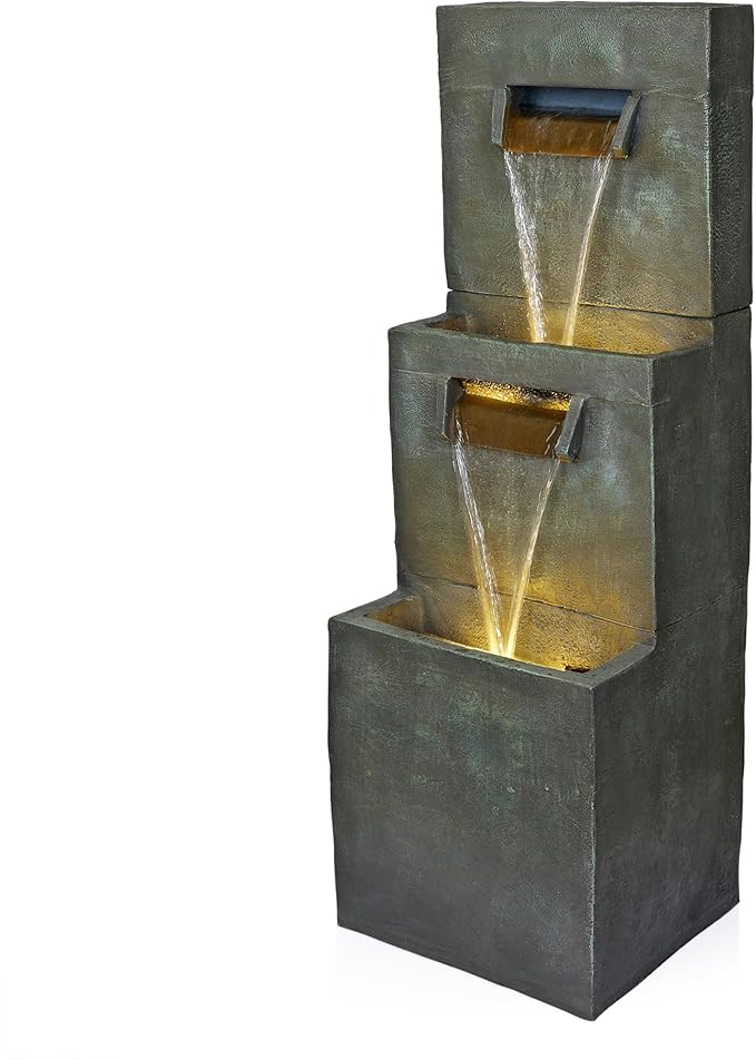 Alpine Corporation 40" Tall Two-Tier Modern Polystone Floor Fountain with Warm White LED Lightsl, Gray