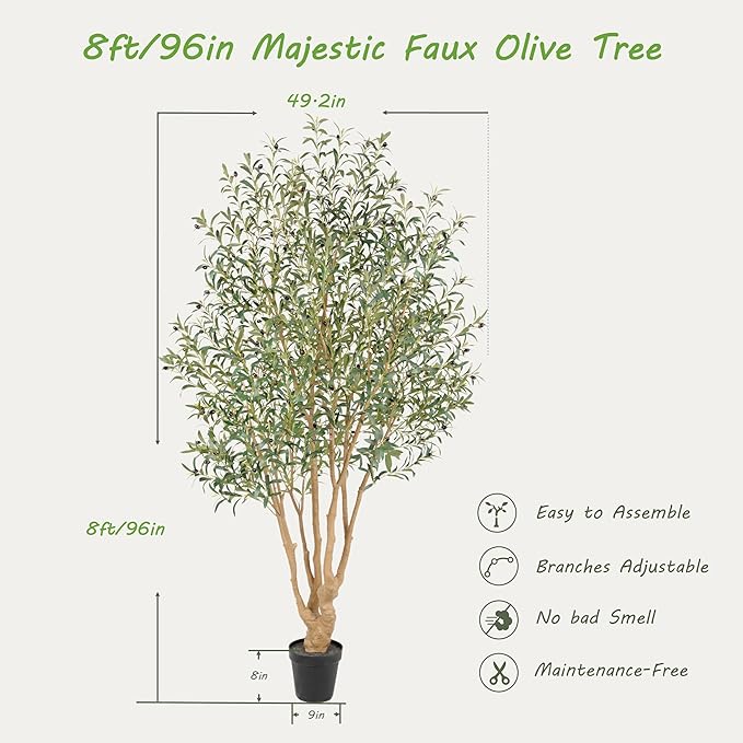 Nafresh Majestic Faux Olive Tree 8ft – Artificial Olive Tree Indoor & Outdoor with Lifelike Leaves & Textured Branches for Living Room, Office, Entryway,Patio
