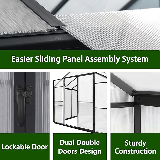 MUPATER 8 x 8 FT Outdoor Polycarbonate Greenhouse Kit with Sliding Lockable Door, Walk-in Backyard Green House with Aluminum Frame & Adjustable Roof Vent for Outdoor, Gray