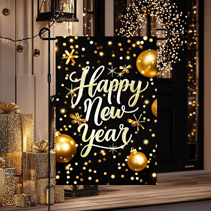 Happy New Year Garden Flag 12x18 Inch Gold Glitter Winter Holiday Yard Decor Seasonal Welcome Banner Outdoor Christmas Lawn Sign Double Sided Polyester For Girls or boys gifts