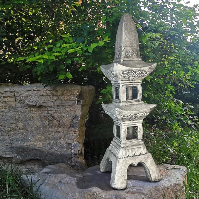 GRASOLAR 35.5’’High Asian Zen Pagoda Magnesium Oxide Tall Lantern Statue Outdoor Sculpture for Garden Backyard Decor Pagoda Statue Miniature Tower Lantern Landscape Garden Decoration