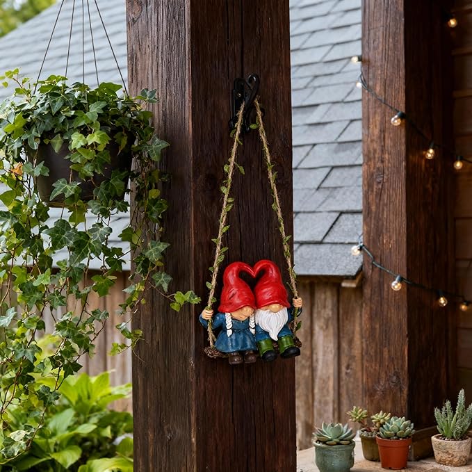 Valentine Gnome Couple on Swing, Cute Wedding Gnomes Figurines for Home & Garden Décor, Romantic Gnomes for Yard, Outdoor Gnome Statues for Porch, Patio, Tree Decorations