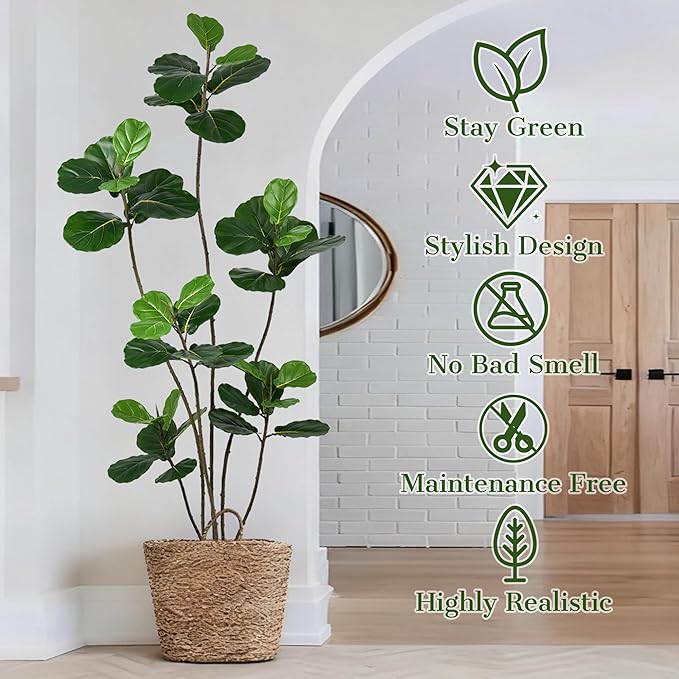 Artificial Fiddle Leaf Fig Tree 6FT- Tall Faux Tree with 40 Lifelike Leaves, 6 Heads, 72" Large Ficus Lyrata Fake Potted Plant for Home Office Living Room Corner Porch Indoor Decor