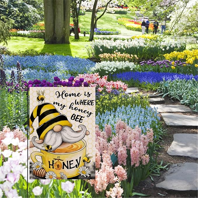 Artofy Home is Where My Honey Bumble Bee Gnome Decorative Garden Flag, House Yard Spring Summer Outside Decor, Outdoor Small Burlap Decoration 12x18