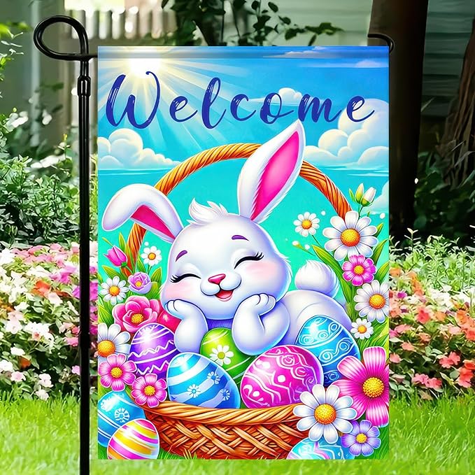 Happy Easter Bunny Garden Flag 12x18 Double Sided Sleepy Bunny Easter Egg Rabbit Easter Garden Flag Outdoor Flag Seasonal Decors for Spring Farmhouse Holiday Yard Outside Decorative Banner
