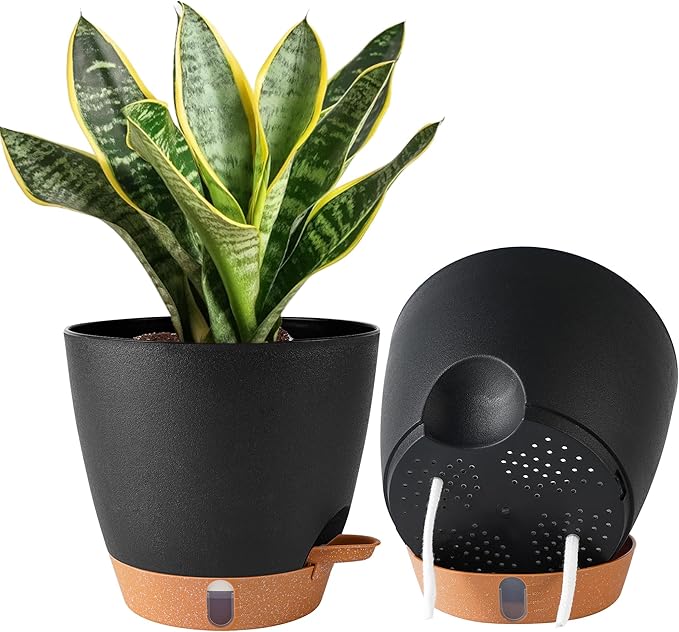 Fielda 2 Pack 8 Inch Pots for Plants Indoor, Plastic Self Watering Planters with Drainage Holes, Water Level Indicator & Deep Reservoir, Decorative Flower Pots Indoor Outdoor Use (Black