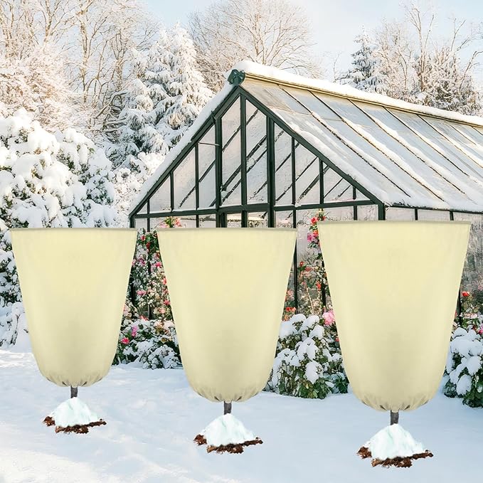 Vincreem 4 Pcs Plant Covers Freeze Protection 35.4" x 59" Winter Frost Blankets for Outdoor Plants with Zipper Drawstring Frost Cloth Freeze Covers Warm Shrub Jacket for Fruit Tree Potted(Beige)