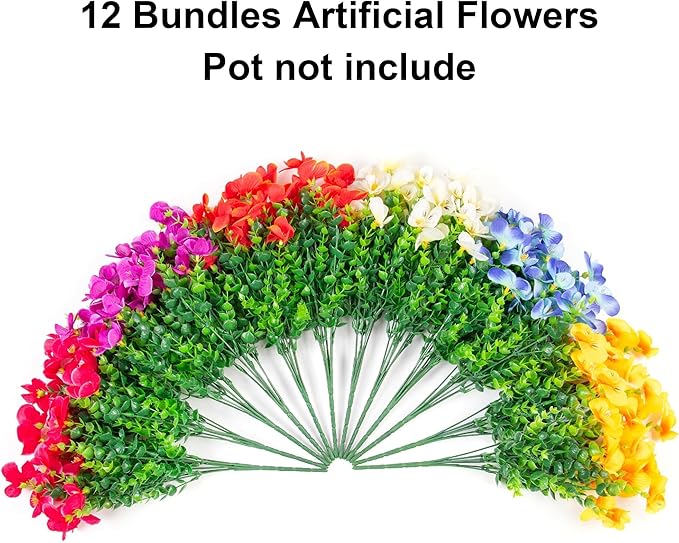 Ivydale Artificial Flowers for Outdoor Decorations, 12 Bundles Fake Pansies Flower, Silk Flora with Eucalyptus for Planter, UV Resistant Realistic Bouquets Front Door Garden Porch Patio Yard