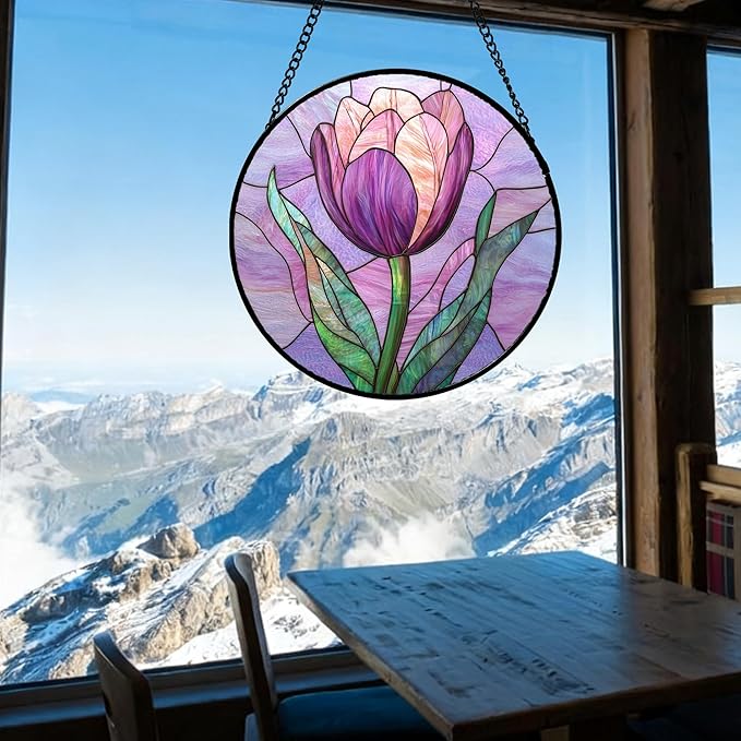 Stained Glass Window Hanging Purple Tulips Flower 7.8" - Suncatcher Door Garden Sun Catcher Home Decor Birthday Mother's Day for Mom Men Woman Parents Her Nana Friend
