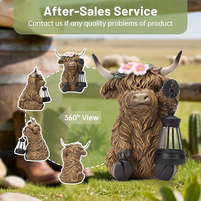 Solar Highland Cow Garden Outdoor Statue,Highland Cow Figurines Sculpture with LED,Farmhouse Decor,Patio Balcony Yard for Pasture & Farm Theme Housewarming Gifts for Women Mom