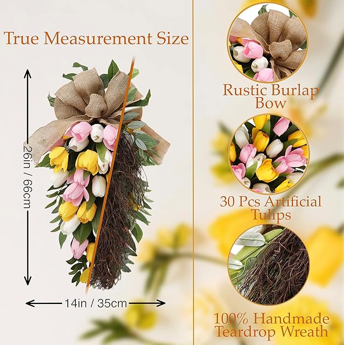 26" Artificial Tulips Teardrop Swag with Burlap Bow, Handmade Spring Easter Teardrop Wreath for Front Door & Porch Wall, Spring Easter Decor Decorative Swag
