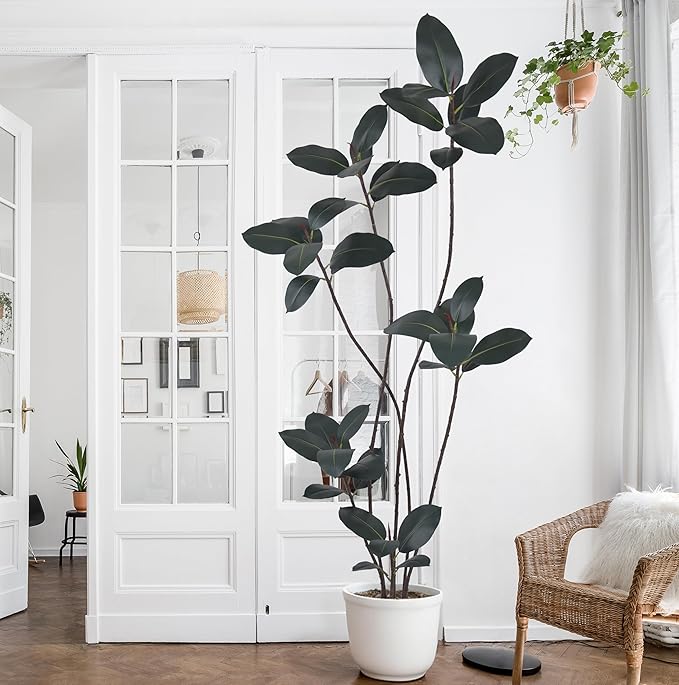 Artificial Rubber Tree 7FT with 40 Glossy Leaves & 6 Heads & Black Pot Realistic Tall Large Faux Tropical Lifelike Ficus Elastica Plant 84 Inch for Indoor Home Office Corner Modern Decor