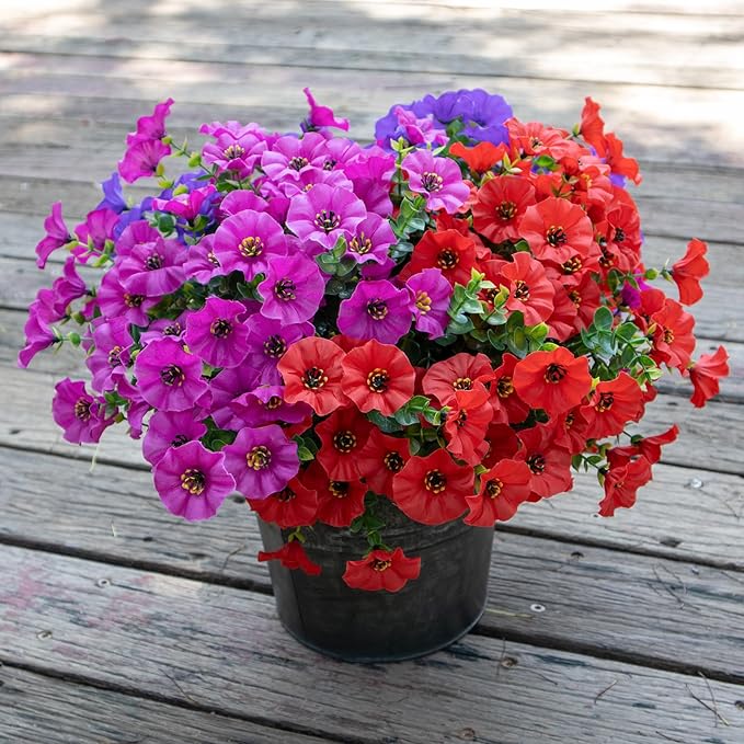 VDVST Artificial Flowers for Outdoors,UV Resistant Artificial Outdoor Flowers,Not-Fading Faux Flowers for Outdoor Planters for Front Door Porch Yard Patio Garden Home Decor,12 Bundles Mix 3 Colors