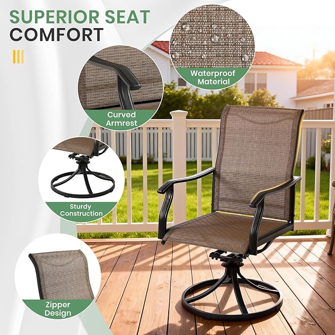LVUYOYO Patio Swivel Chairs Set of 4, Outdoor Dining Chairs with High Back, All-Weather Rocker Chair with Textilene & Metal Frame for Lawn, Garden, Porch, Backyard (Brown)