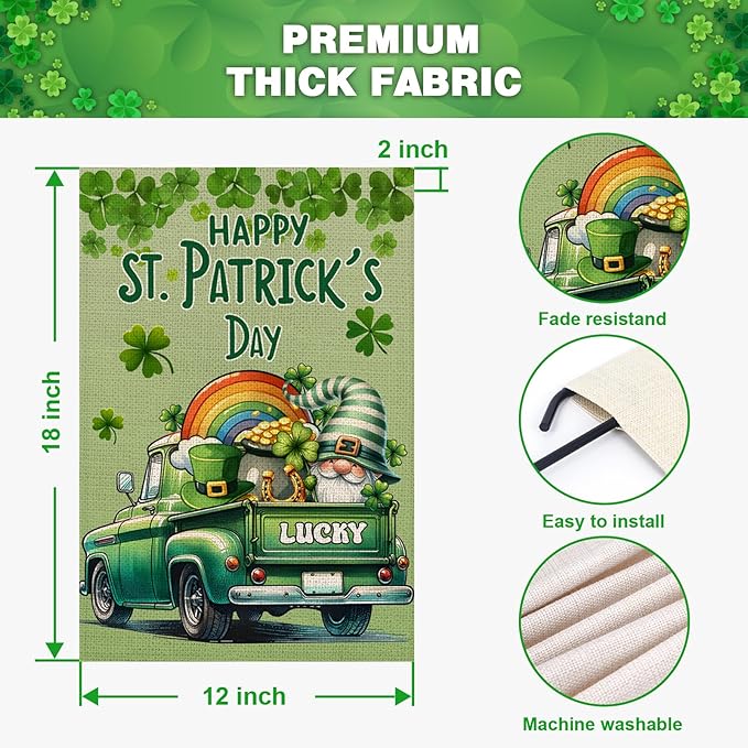 Happy St Patricks Day Garden Flag 12x18 Inch Double Sided Lucky Clovers Shamrocks Gnome Rainbow Truck Outside Small Flag for Yard Outdoor Holiday Decoration