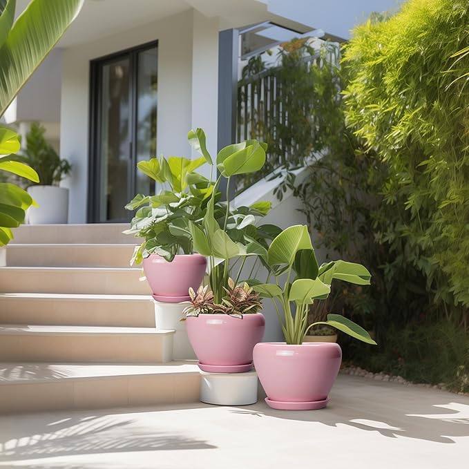 Ceramic Planters, 10+8+6 Inch Ceramic Plant Pots with Drainage Holes and Saucers, Flower Pots for Indoor Outdoor Plants, Modern Round Planter, Office Decor, Plant Lover Gifts, Set of 3, Pink