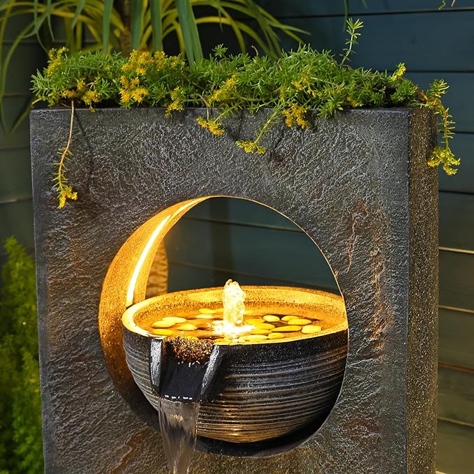 Water Fountain Outdoor Indoor - Modern Waterfall Garden Freestanding Fountain Curved Surface Artistry Design with LED Lights and Light Strip for Home Decor Patio Yard Pool,37.4 inches Tall