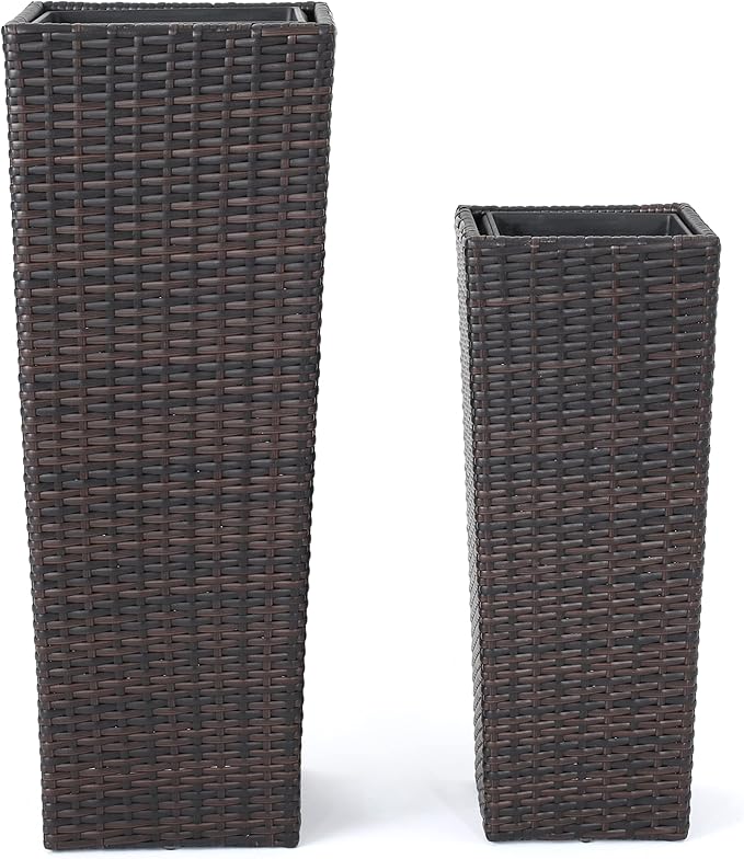 32"H Outdoor Rattan Flower Pots Set of 2,Patio Wicker All-Weather Planter Set,Rattan Plant Pots with Iron Frame for Herb Garden,or Indoor Decor,Large & Small Sizes, No Assembly Required Brown