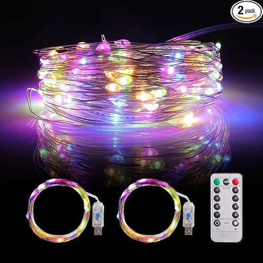 Mandiq 2 Pack Fairy Lights - 100 LED, 33 FT USB Powered Silver Wire String Lights with Remote Control