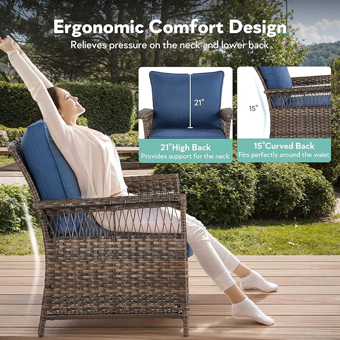 Wicker Outdoor Chairs Set of 2 - Hollow Widen Armrests Patio Furniture Set with Comfortable Thickened Cushion, High Back Outdoor Rattan Chairs for Balcony Porch Deck and Yard - Brown - Blue