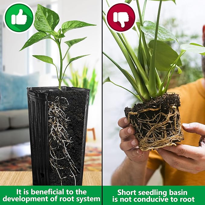 RunNico 60pcs Plastic Deep Plant Nursery Pots,Tall Tree Pots,Black Deep Seedling Container Pots with Drainage Holes for Indoor Outdoor Gardening (3Size-7.8" H+9.4" H+12.2" H)
