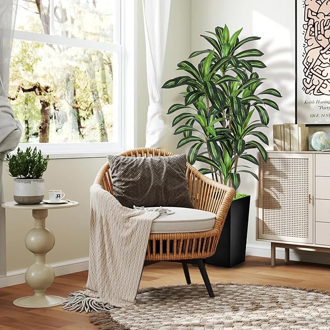 Realistic Artificial Indoor Plant Tree - Tall Fake Dracaena Potted Plant for Home Office Decor, Living Room & Bedroom - Lifelike Faux Plant Tree with Pot-Palm Tree (Black, 6FT)