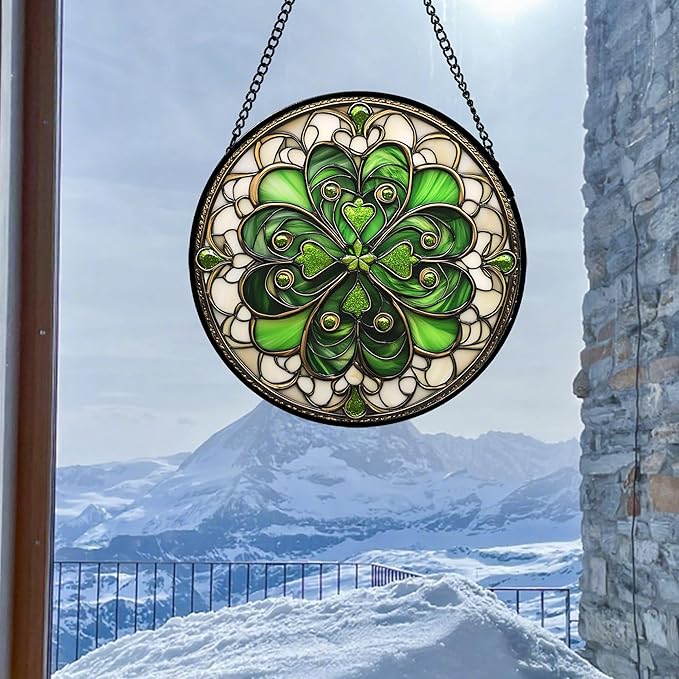 Stained Glass Window Hanging St. Ripak Festival Green Lucky Clover Large 15" - Suncatcher Door Garden Sun Catcher Ireland Decor Mother's Day for Mom Woman Her Men Sisters