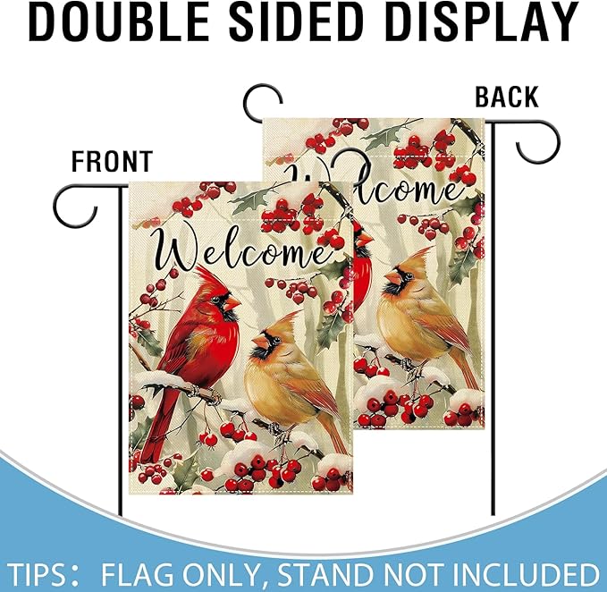 Artofy Welcome Winter Cardinal Small Decorative Garden Flag, Snowy Red Birds Holly Berry Branches Yard Lawn Outside Decor, Christmas Seasonal Burlap Outdoor Home Decoration Double Sided 12 x 18