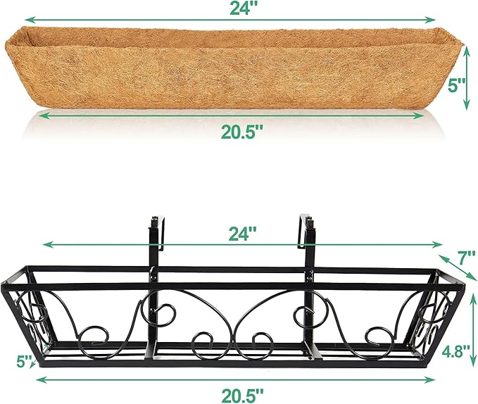 Y&M 24 Inch Window Deck with Coco Liner, Fence Metal Hanging Flower Planter Window Basket Deck Railing Planter Boxes for Outdoor Garden Lawn-Butterfly, 6pcs