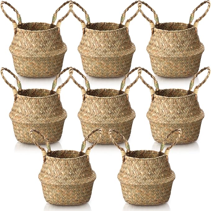 Qunclay 8 Pcs Woven Seagrass Baskets Belly Basket Folding Boho Natural Plant Pot with Handles Round Decorative Wicker Large Indoor Planter for Home Outdoor Tree Planters Decor (Xs,7.9''dx6.3''h)