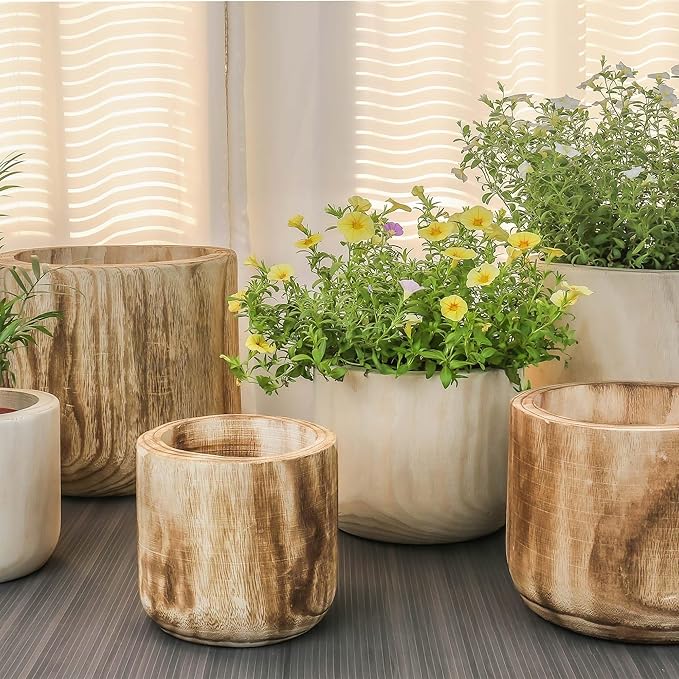 CYS EXCEL 6.25'' Natural Cylinder Planter Lightweight Natural Wood Cachepot for Indoor Plants, Succulents, Herbs, Home & Office Decor