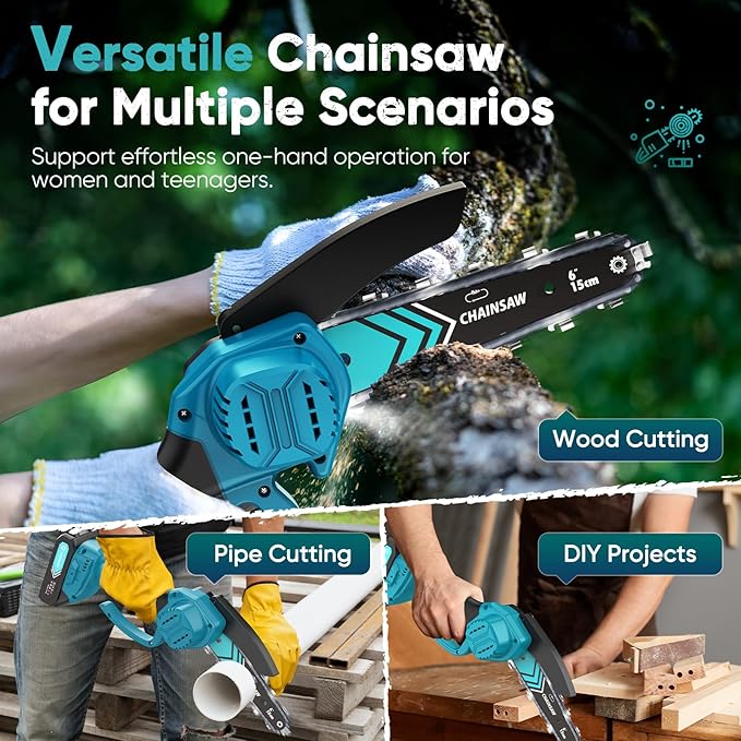Chainsaw 6-Inch 2 Pack 2000mAh Battery Hand Mini Chain Saw Birthday Christmas Gifts for Men Portable Cordless for Wood Cutting Tree Trimming Projects Gardening Tools (Blue-2 Battery)