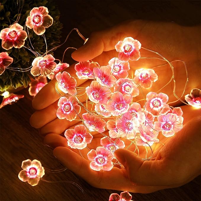 Mudder 13 FT 40 LEDs Cherry Blossom Flower String Lights for Bedroom, Pink Fairy Lights USB and Battery Operated Decorative String Light Indoor Outdoor (4 Pack)