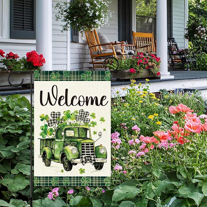 St Patricks Day Welcome Garden Flag 12x18 Inch Double Sided,Shamrocks Truck Buffalo Plaid Outdoor Irish Decor House Porch Flag for St Patrick's Day Party and Yard Decorations