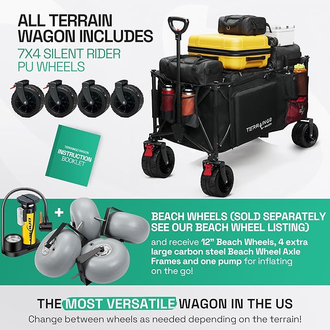 TerrainGO Foldable Utility Wagon Cart with Interchangeable All Terrain Wheels Patent Pending Collapsible Beach Wagon - Camping Essentials with Cooler Pouch, Storage Pockets, and Cup Holders