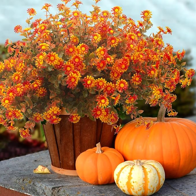 Grunyia 12 Bundles Artificial Fall Flowers for Outdoors Fake Plants - Faux Outside Greenery Boxwood No Fade Plastic Shrubs Decor Farmhouse Home Garden Thanksgiving (Fall Red)