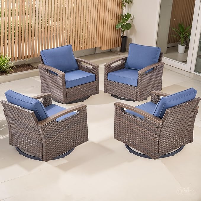 Rilyson 4 Piece Outdoor Patio Swivel Rocking Chairs, All Weather Wicker, Metal Armrest, Deep Seating, Thick Comfortable Cushions, Ideal for Deck Porch Backyard, Brown/Blue