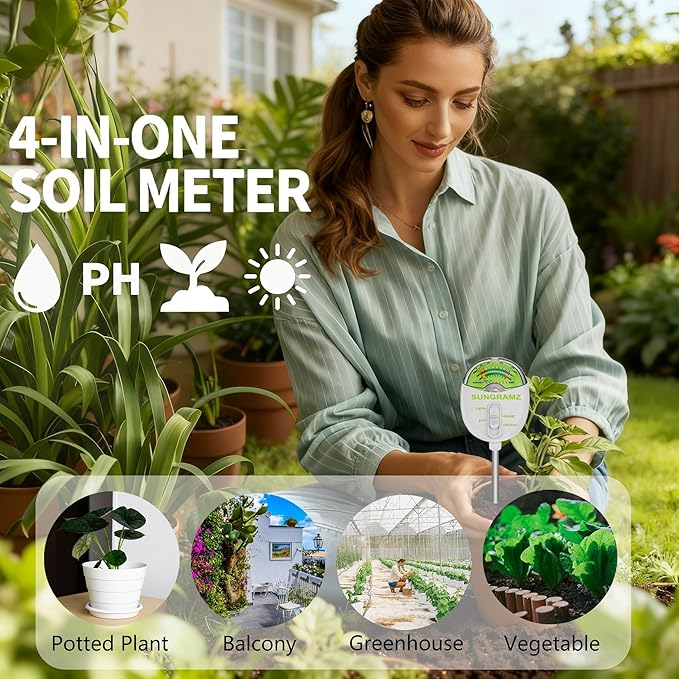 Sungramz Soil Moisture Meter for Plants, 4-in-1 Moisture/pH/Fertility/Sunlight Dial Display, pH Soil Tester for Garden, Lawn, Farm, Indoor & Outdoor Use, No Battery Required, White