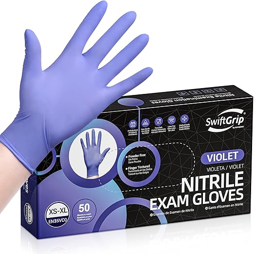 Disposable Nitrile Exam Gloves, 3-mil, XL, Box of 50, Violet Nitrile Gloves Disposable Latex Free for Medical, Cleaning, Cooking & Esthetician, Food-Safe, Powder-Free, Non-Sterile, Purple