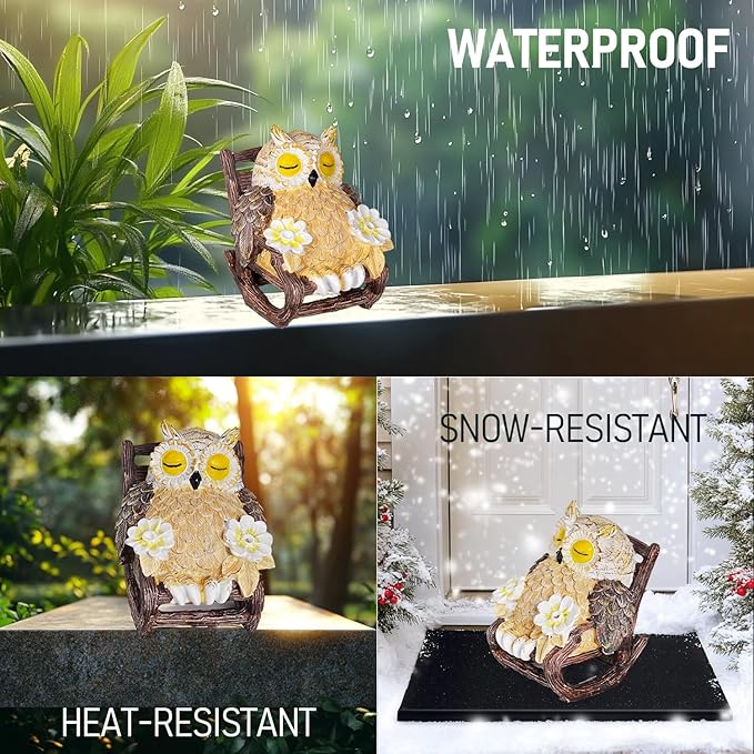 Light Up Owl on Chair Garden Sculpture, LED Solar Powered Owl Lying on The Chair, Cute Figurine Crafted Statue for Home Fireplace Outdoor Centerpiece Collection Decoration, 3x3x4 in