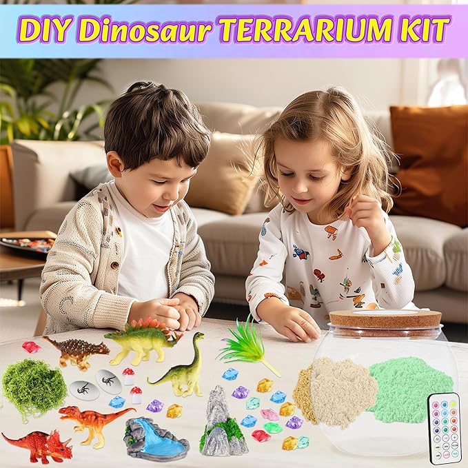 Dinosaur Activities Toys-Light Up Terrarium Kit for Kids, DIY Dinosaur Toys for 3 4 5 6 7 8 9 10 11 12 Year Old Boys, Night Light Dinosaur Arts and Crafts for Boys, Kids Christmas Birthday Gifts