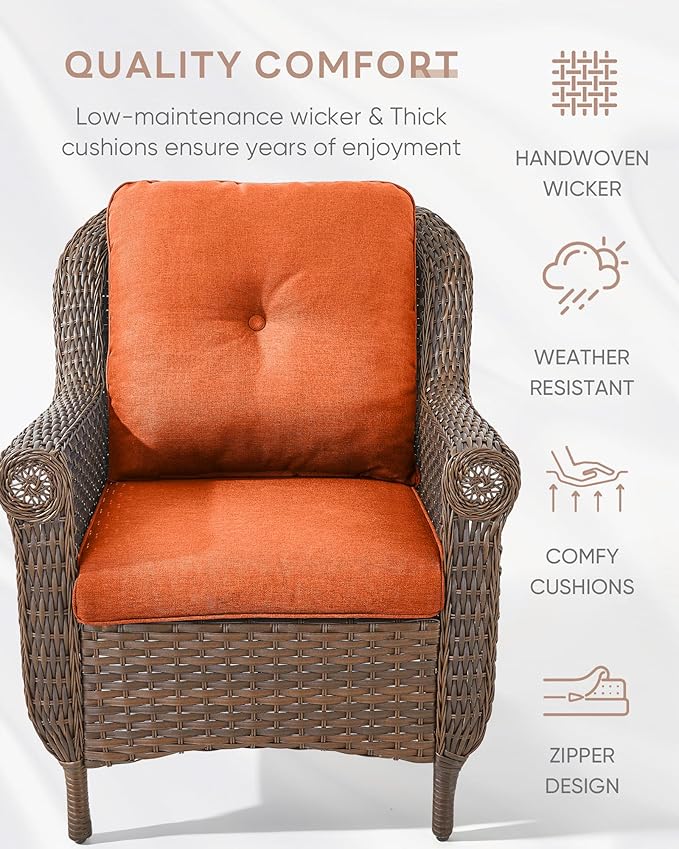 Patio Wicker Chairs Outdoor Furniture Chair - Set of 2 Outside All Weather Lawn Dining Brown Rattan Armchair with High Back&Deep Seating for Deck Porch Balcony Backyard Garden - Orange