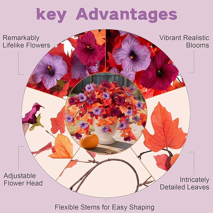 Fake Fall Flowers for Outdoor Decor 2 Pcs Artificial Flowers Fake Faux Silk Petunias Fall Plants, UV Resistant Flower for Garden Porch Patio Balcony Thankgiving Decoration (Burgundy Purple)