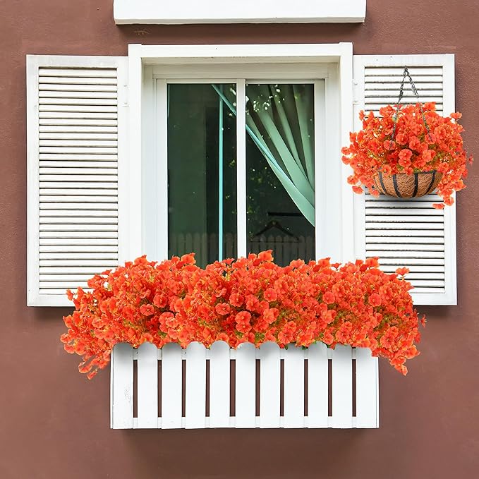 Artificial Flowers for Outdoors 12 Bundles Realistic Faux Plants UV Resistant Fake Silk Morning Glory with Eucalyptus for Front Door Planter Patio Porch Fall Thanksgiving Autumn Decoration (Orange)