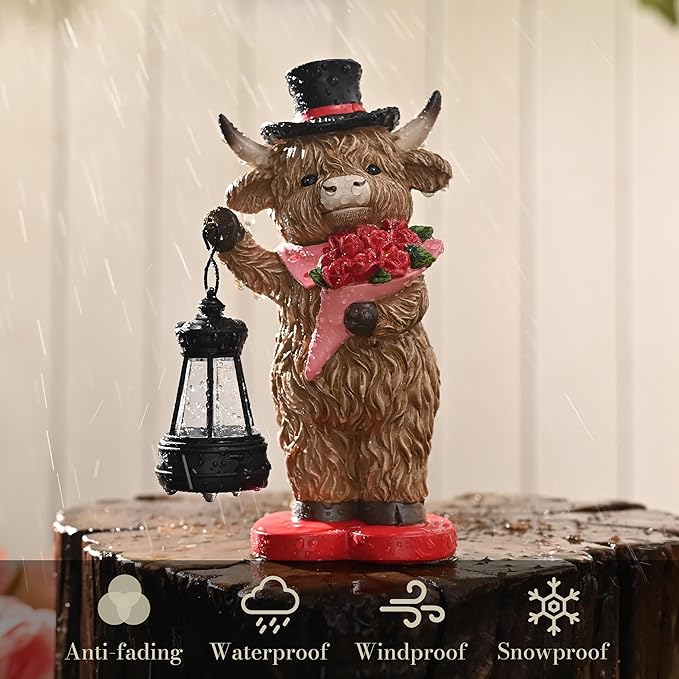 TERESA'S COLLECTIONS 8" Charming Highland Cow Garden Statue with Solar Lantern, Valentine's Day Resin Figurine Holding Roses and Wearing Top Hat, Weatherproof Outdoor Decor for Path Yard Porch