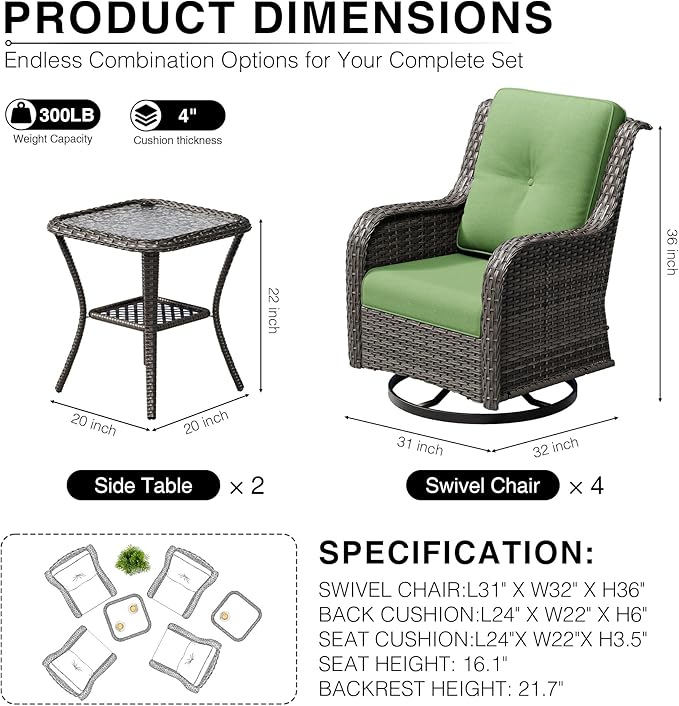Joyside 6 Piece Wicker Patio Furniture Set, Outdoor Swivel Rocker Patio Chairs with High Back, Deep Seating, Wide Armrest, Thickened Cushions, Outdoor Furniture for Deck, Porch Use