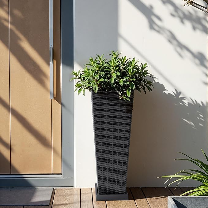 Flamaker Set of 2 Resin Rattan Planters with Tray for Indoor Outdoor, 24'' Tall Flower Pots with Drainage Holes&Inner Pot, Tapered Planters for Garden, Patio, Porch (Black, Small)
