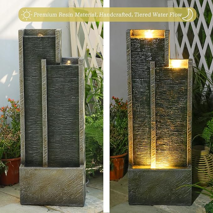 Modern Tiered Waterfall Fountain with Lights – Indoor Rectangular Water Feature - 35.4"H Waterfall Fountains for Deck, Patio, Porch, Garden, Yard Decor Standing Indoor Outdoor Water Fountains